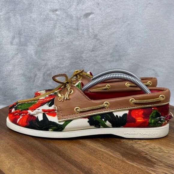 Milly x Sperry Top-sider Boat Shoes Womens 7 M Red Floral Canvas Gold Laces - Picture 6 of 16